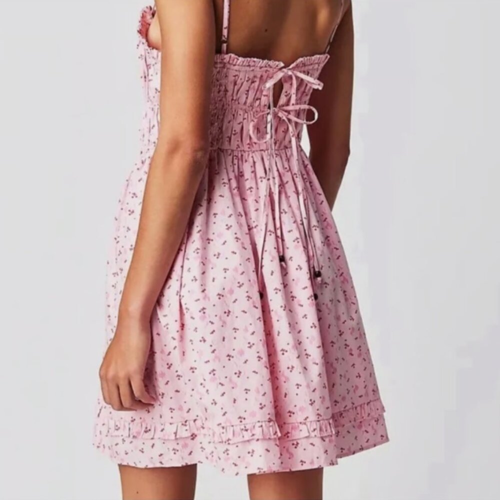 FREE PEOPLE - Gabby Mini Pink Cherry Dress - Tie Back, Size M